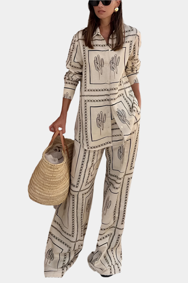 Printed Two Piece Set Women Long Sleeve Lapel Shirts