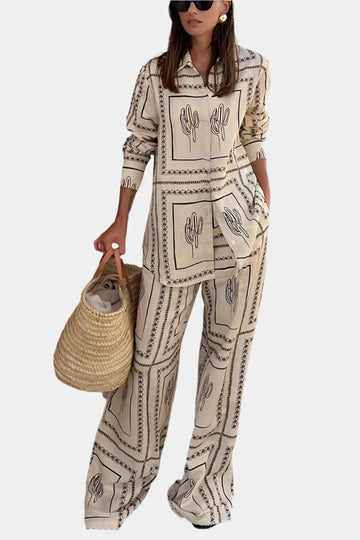 Printed Two Piece Set Women Long Sleeve Lapel Shirts