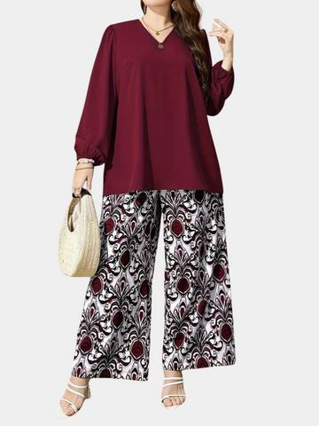 VintageEase™ – V-hals Set met Printbroek